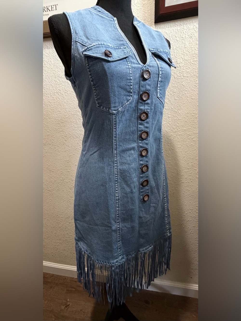 New Oyrosy Denim Fringe Button-Front Mini Dress - Blue Denim